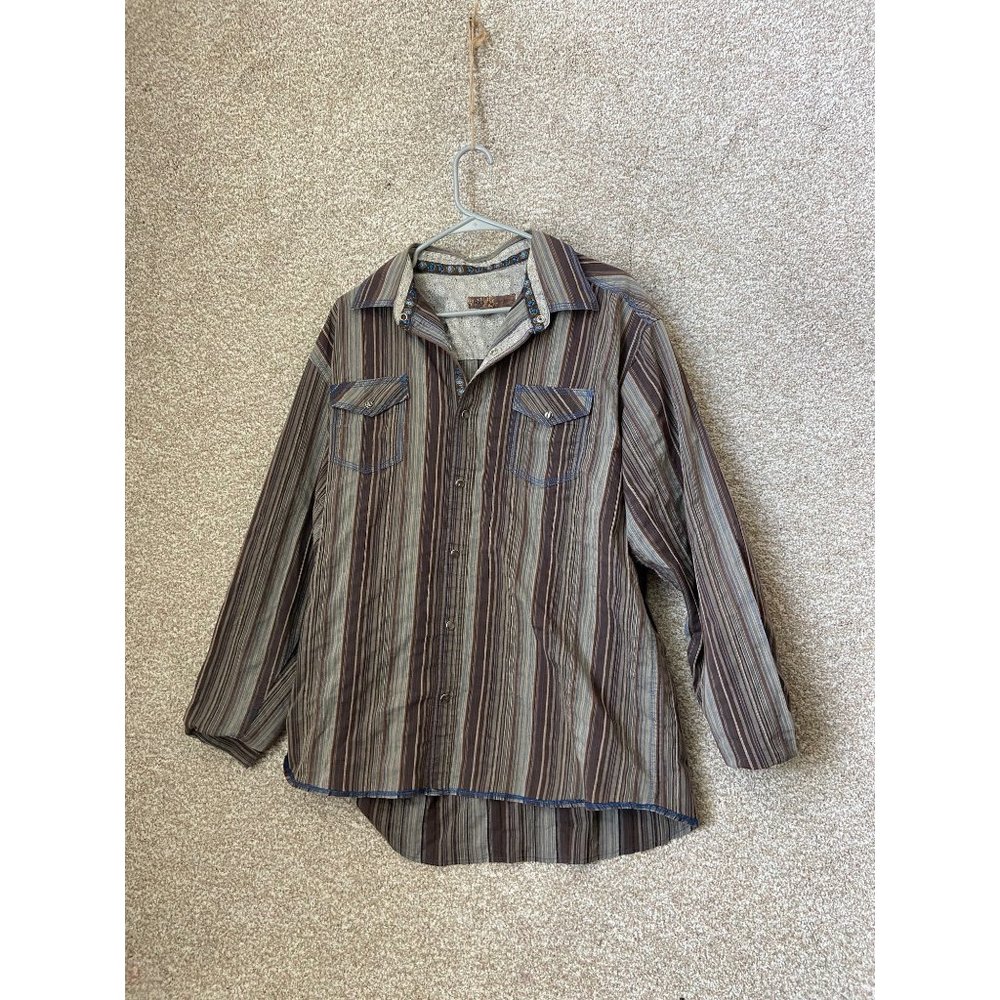Blue Pronto Uomo Men’s Long Sleeve Button Up Brown Down Striped Shirt Size XL